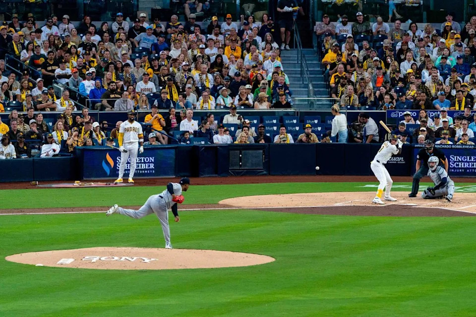 San Diego Padres outfielder Jackson Merrill (3) waits to swing during an MLB game between the Detroit Tigers and the San Diego Padres, Friday March 27, 2026 at Petco Park in San Diego, Calif.