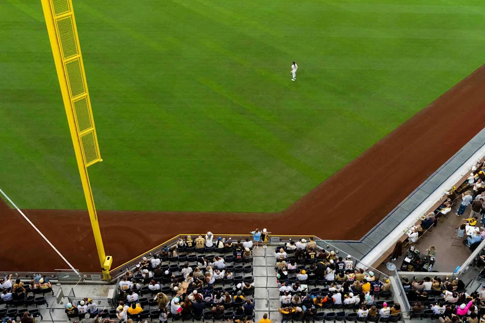 San Diego Padres outfielder Fernando Tatis Jr. (23) stands in the outfield during an MLB game between the Detroit Tigers and the San Diego Padres, Friday March 27, 2026 at Petco Park in San Diego, Calif.