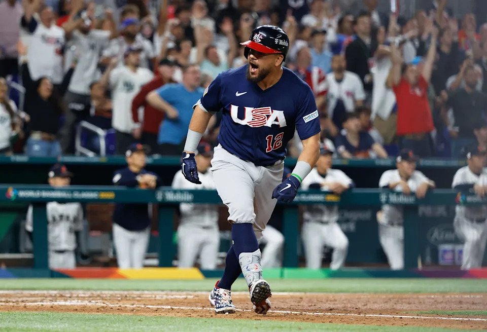 Team USA's Kyle Schwarber reacts after hitting a home run against Japan at the World Baseball Classic in the eighth inning at LoanDepot Park in Miami on March 21, 2023.