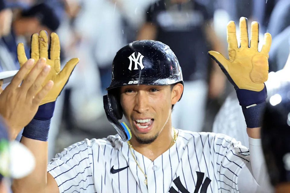 Mar 6, 2026; Tampa, Florida, USA; New York Yankees infielder Oswaldo Cabrera (95) is congratulated after scoring a run during the second inning against the Tampa Bay Rays at George M. Steinbrenner Field. Mandatory Credit: Kim Klement Neitzel-Imagn Images