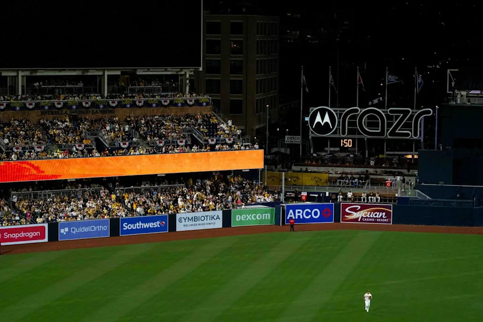 San Diego Padres relief pitcher Jeremiah Estrada (56) enters an MLB game between the Detroit Tigers and the San Diego Padres, Friday March 27, 2026 at Petco Park in San Diego, Calif.