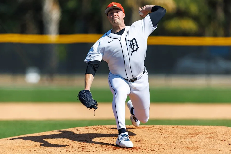 Detroit Tigers pitcher Tarik Skubal (29) throws a pitch during the live bullpen during spring training at Publix Field at Joker Marchant Stadium. IMAGN IMAGES via Reuters Connect
