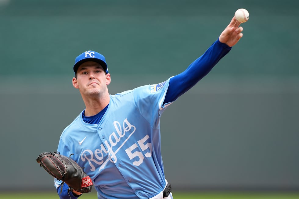 Kansas City Royals starting pitcher Cole Ragans throws during the first inning of the first...