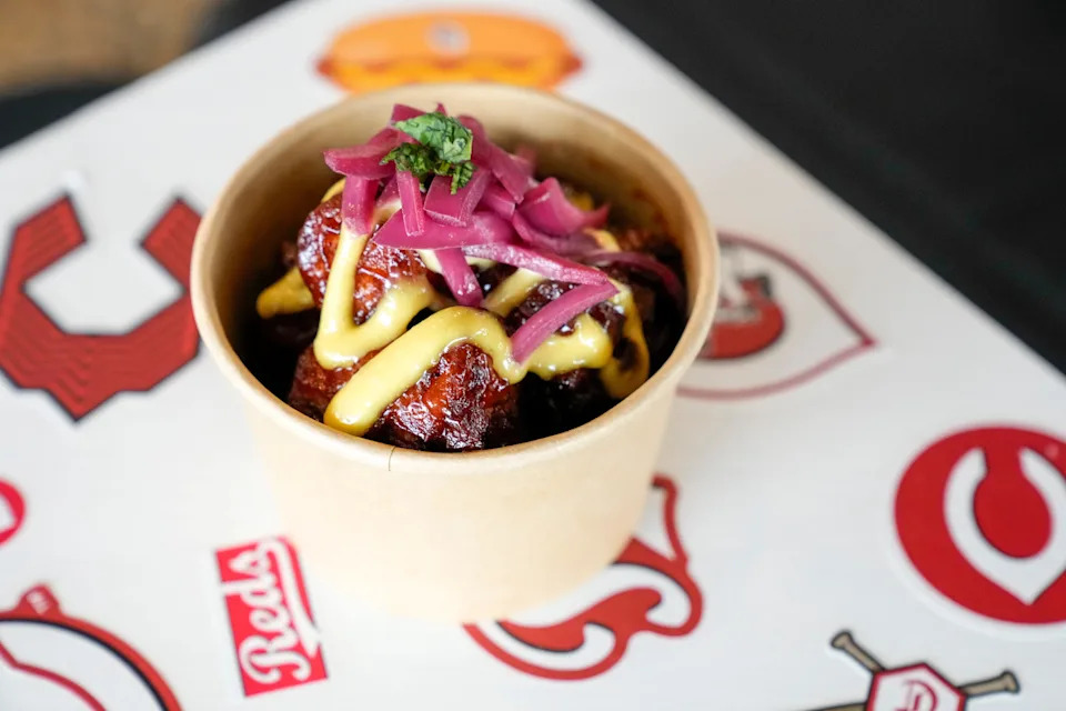 The Stadium Burnt Ends are displayed during the annual preseason food preview at Great American Ball Park in downtown Cincinnati on Friday, March 20, 2026.