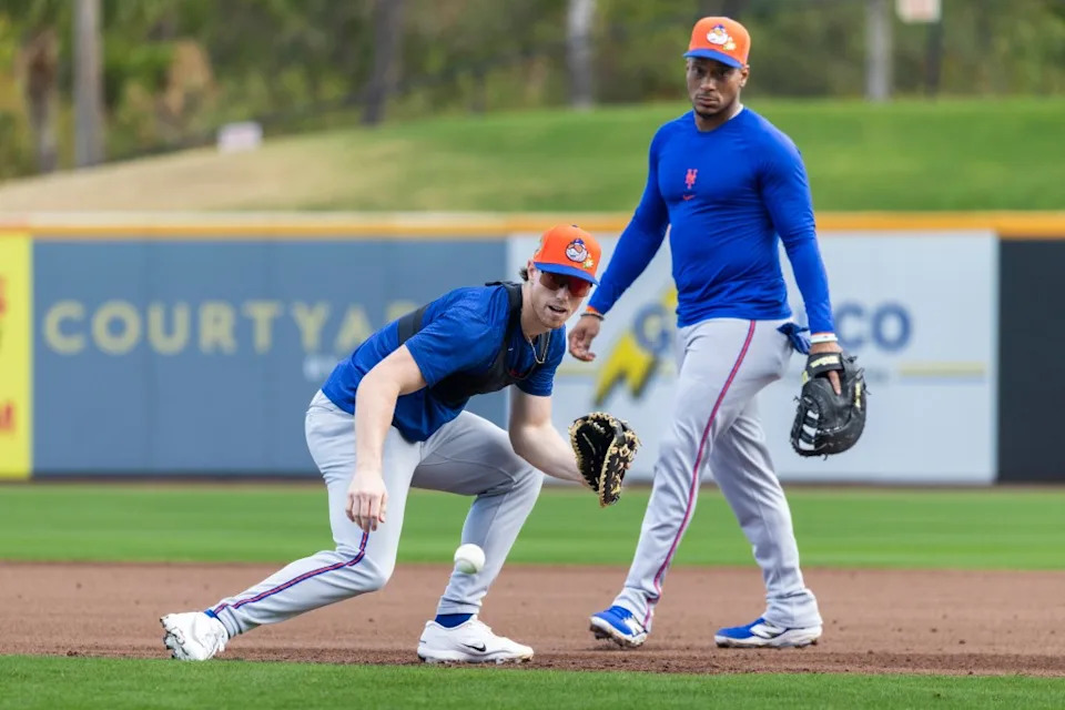 Brett Baty fields a ball at first base as Jorge Polanco looks on during Spring Training at Clover Field, Wednesday, Feb. 18, 2026, in Port St. Lucie, FL. Corey Sipkin for the NY POST