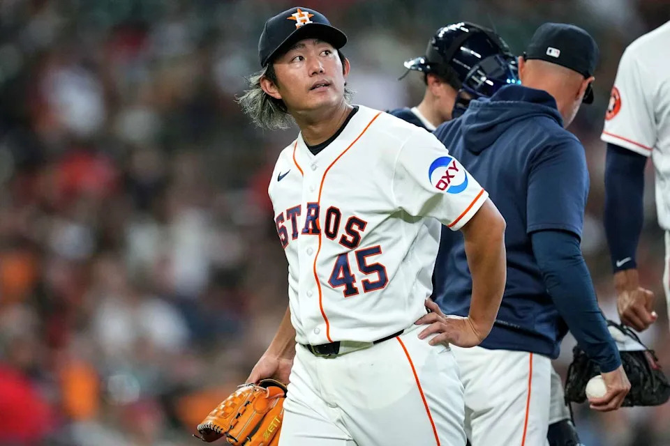 Houston Astros starting pitcher Tatsuya Imai (45) walks off the mound as he is taken from the game during the third inning of a Major League Baseball game against the Los Angeles Angels at Daikin Park in Houston, Sunday, March 29, 2026. (Brett Coomer/Houston Chronicle)