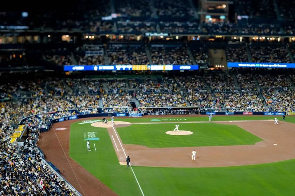 San Diego Padres relief pitcher Adrian Morejon (50) delivers a pitch during an MLB game between the Detroit Tigers and the San Diego Padres, Friday March 27, 2026 at Petco Park in San Diego, Calif.