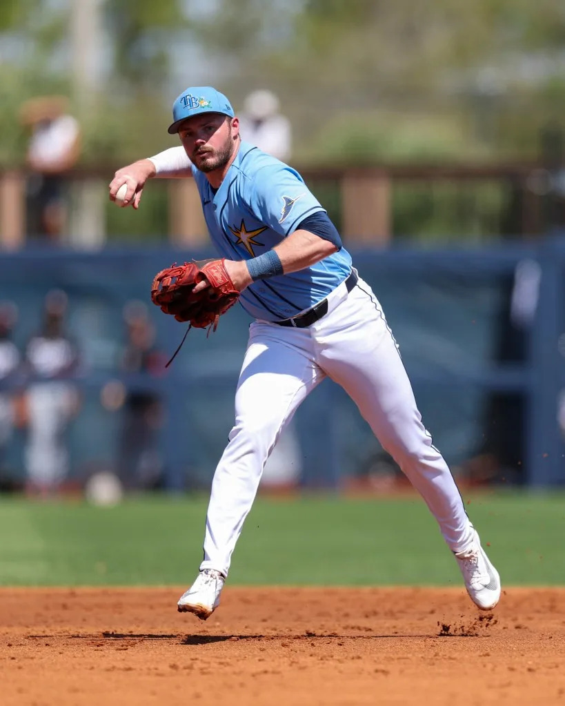 Tampa Bay Rays second baseman Gavin Lux (11) throws to first few an out against the Minnesota Twins in the second inning during spring training at Charlotte Sports Park. Nathan Ray Seebeck-Imagn Images
