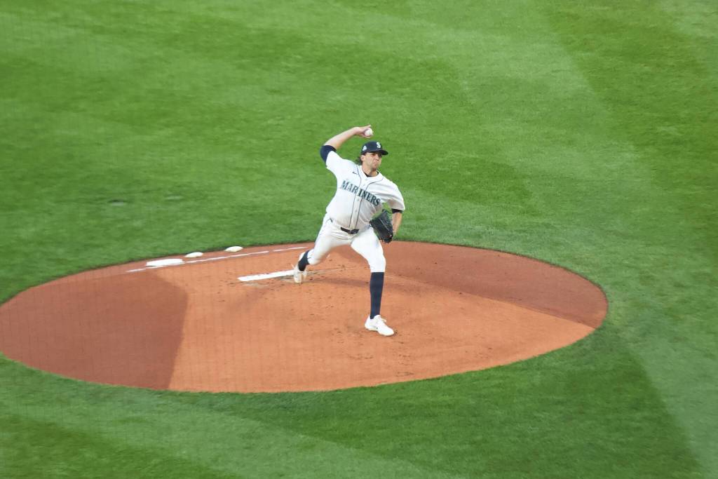 Mariners pitcher Logan Gilbert throws a pitch against the Cleveland Guardians on Opening Night of the 2026 season at T-Mobile Park in Seattle, Washington on Thursday, March 26. (Aaron Coe / The Herald)