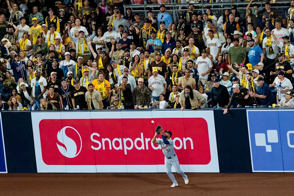 Detroit Tigers outfielder Riley Greene (31) catches a fly ball during an MLB game between the Detroit Tigers and the San Diego Padres, Friday March 27, 2026 at Petco Park in San Diego, Calif.