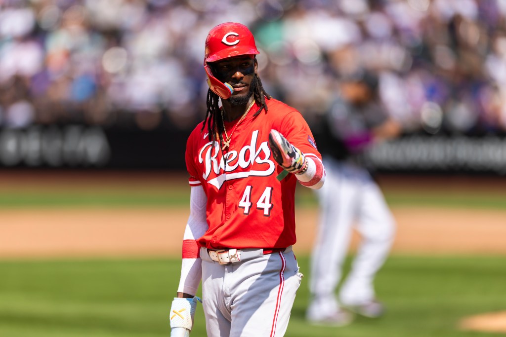 Cincinnati Reds shortstop Elly De La Cruz (44) reacts at third base.