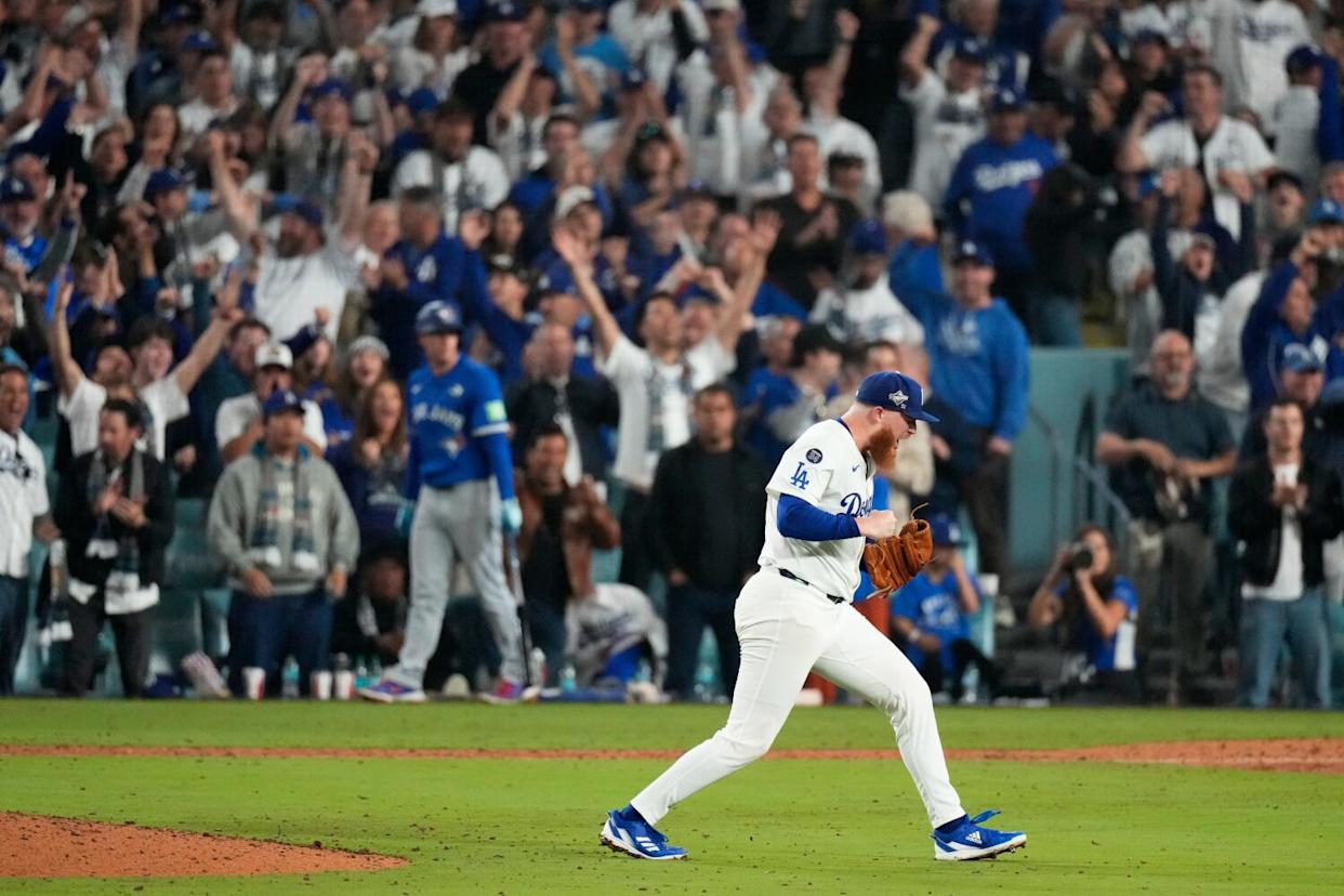 Los Angeles Dodgers pitcher Will Klein celebrates against the Toronto Blue Jays.