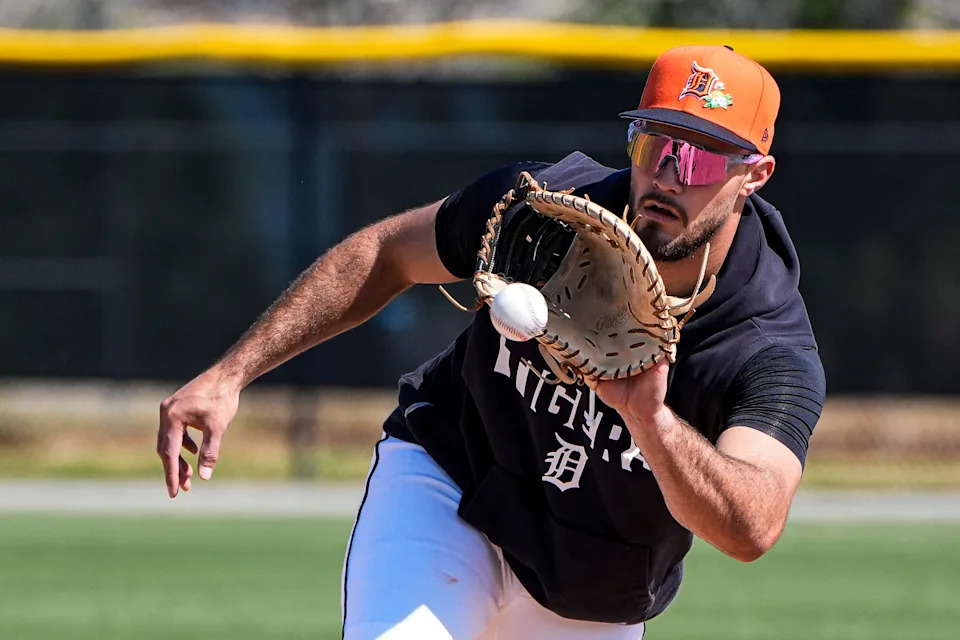 Detroit Tigers first baseman Josue Briceño practices during spring training at TigerTown in Lakeland, Florida, on Friday, Feb. 13, 2026.