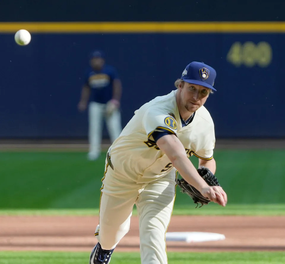 Milwaukee Brewers pitcher Erick Fedde (59) pitches during the Milwaukee Brewers open workout ahead of the National League Division Series on Tuesday September 30, 2025 at American Family Field in Milwaukee, Wisconsin.