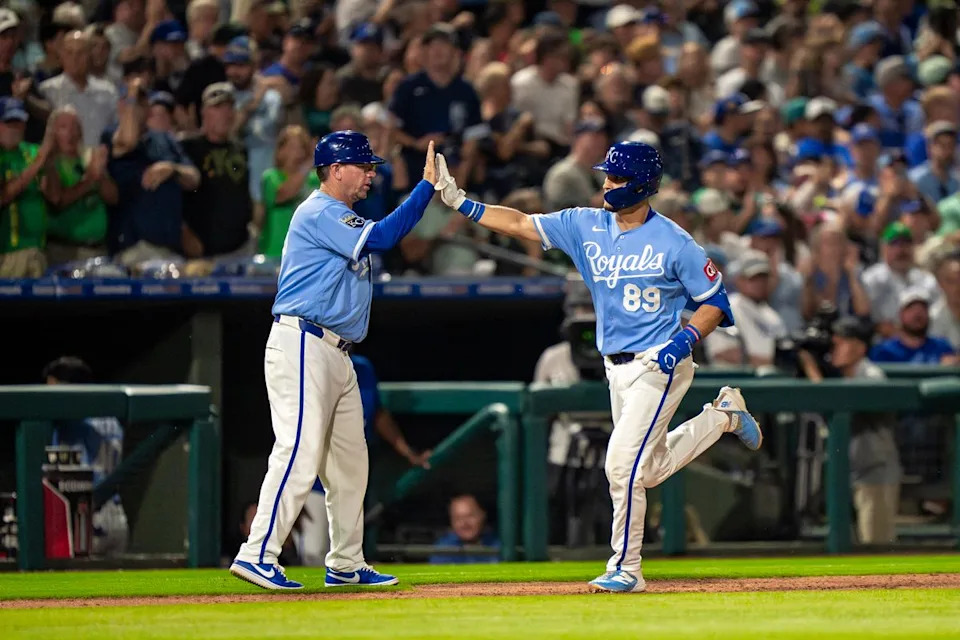 Kansas City Royals catcher Luca Tresh (89) rounding the bases after hitting a home run during an MLB spring training baseball game against the Los Angeles Dodgers on March 17th, 2026 in Surprise, AZ.