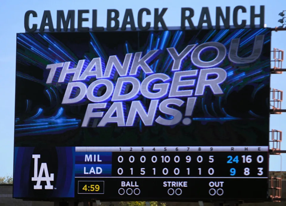The Camelback Ranch scoreboard shows the final score of the Brewers-Dodgers spring training game March 16.