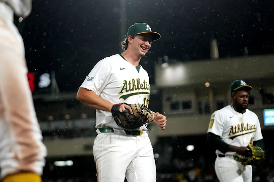 Sep 24, 2025; West Sacramento, California, USA; Athletics first baseman Nick Kurtz (16) jogs towards the dugout against the Houston Astros in the sixth inning at Sutter Health Park. Mandatory Credit: Cary Edmondson-Imagn Images