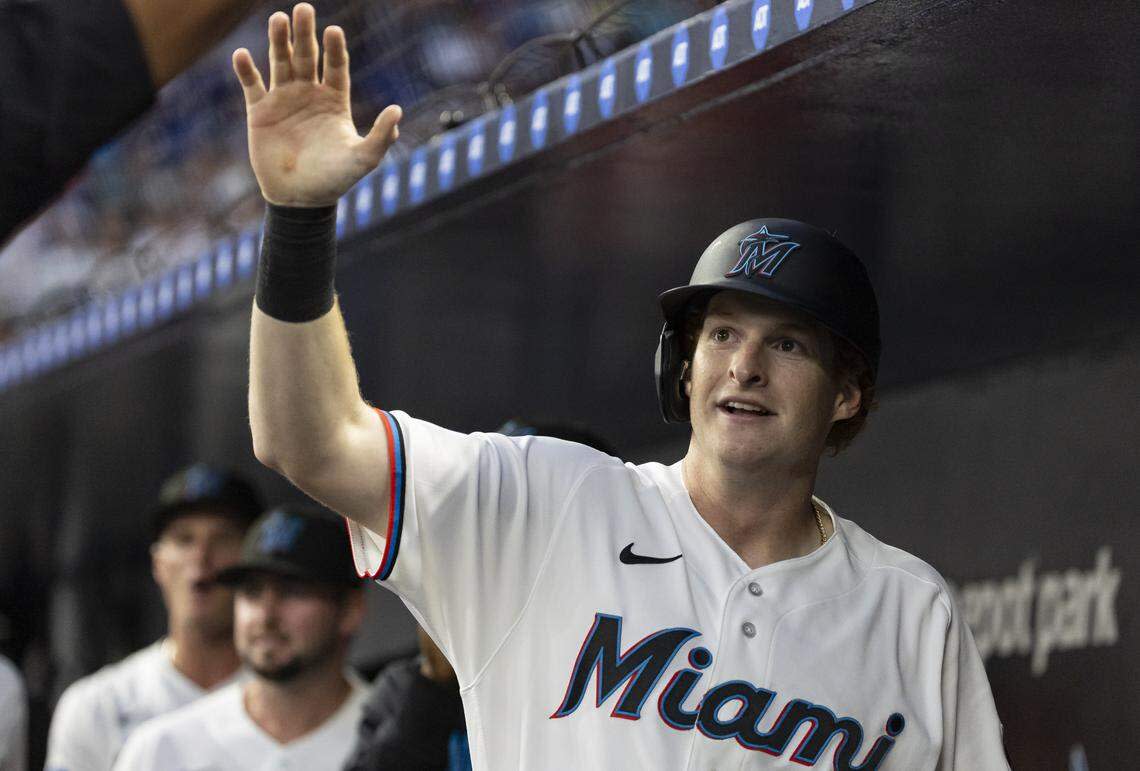 Miami Marlins designated hitter Owen Caissie (17) celebrates with his teammates after scoring a run against the Colorado Rockies in the second inning of their MLB game at loanDepot park on Friday, March 27, 2026, in Miami, Fla.