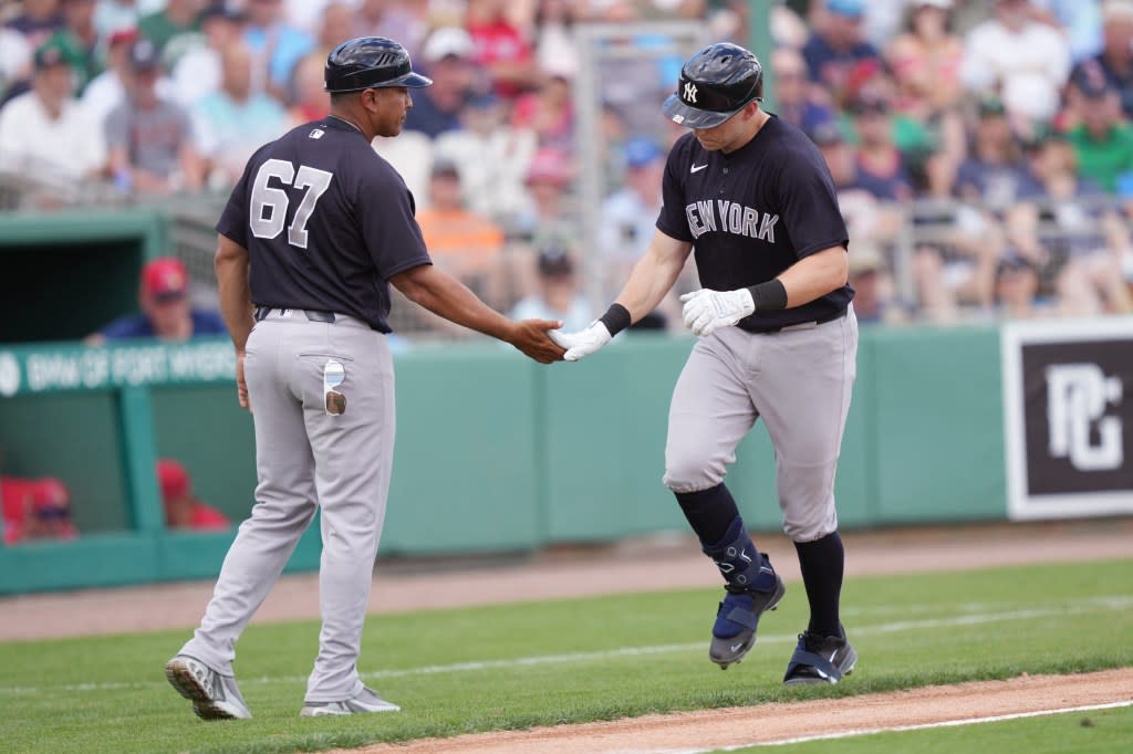 Ben Rice is congratulated by third base coach Luis Rojas after hitting a solo home run in the fifth inning of the Yankees’ 4-0 spring training win over the Red Sox at JetBlue Park on March 4, 2026. IMAGN IMAGES via Reuters Connect