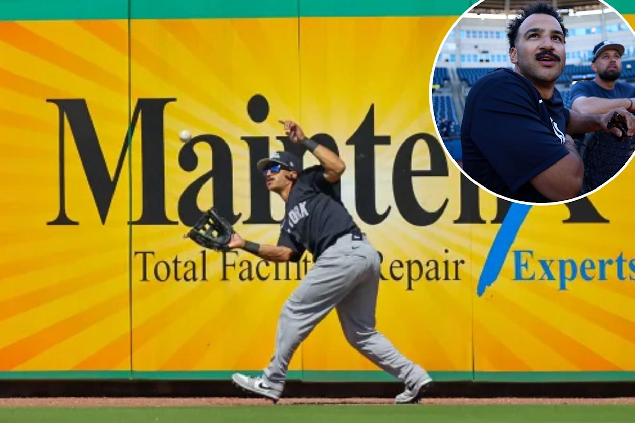 An image collage containing 2 images, Image 1 shows New York Yankees player Trent Grisham catches a fly ball during a baseball game, Image 2 shows Trent Grisham looks on during spring training at George M. Steinbrenner Field on February 25, 2026 in Tampa, Florida.