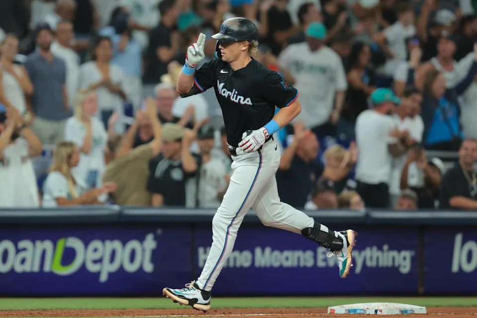 Miami Marlins left fielder Kyle Stowers (28) © Sam Navarro-Imagn ImagesSam Navarro-Imagn Images