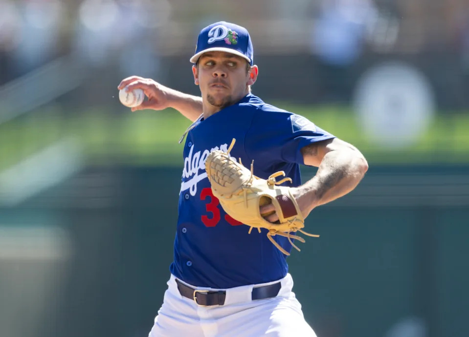 Feb 24, 2026; Phoenix, Arizona, USA; Los Angeles Dodgers pitcher Gavin Stone against the Cleveland Guardians during a spring training game at Camelback Ranch-Glendale. Mandatory Credit: Mark J. Rebilas-Imagn Images