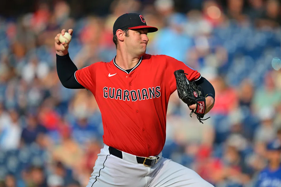 Cleveland Guardians starter Gavin Williams throws a pitch against the Toronto Blue Jays on June 25, 2025, in Cleveland.
