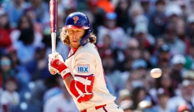 Philadelphia Phillies third baseman Alec Bohm gets hit by a pitch during the sixth inning.