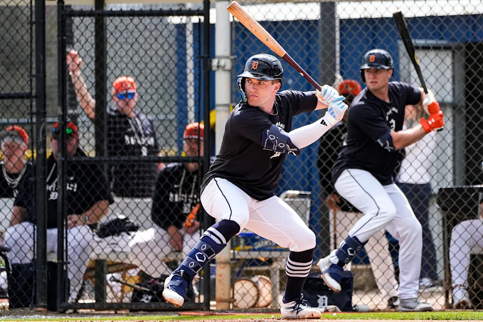 Detroit Tigers infielder Kevin McGonigle bats at live batting practice during spring training at TigerTown in Lakeland, Fla. on Monday, Feb. 16, 2026.