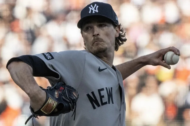 New York Yankees pitcher Max Fried throws against the San Francisco Giants on Wednesday at Oracle Park in San Francisco. Photo by Terry Schmitt/UPI
