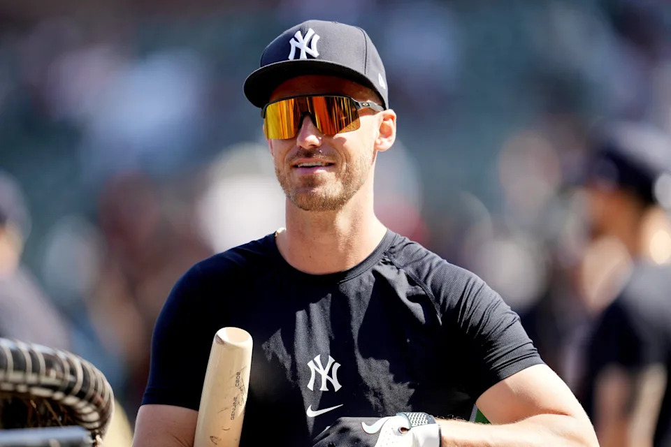 New York Yankees outfielder Cody Bellinger stands on the field before the start of the game against the San Francisco Giants at Oracle Park.
