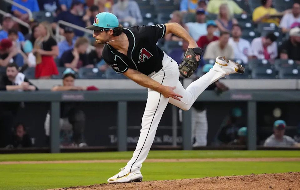 Diamondbacks pitcher Zac Gallen (23) pitches against the Brewers during a spring training game at Salt River Fields on March 20, 2026.
