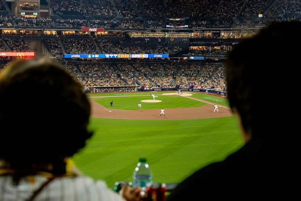 Fans watch an MLB game between the Detroit Tigers and the San Diego Padres, Friday March 27, 2026 at Petco Park in San Diego, Calif.