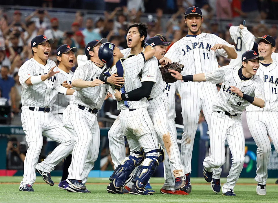 Japan's Shohei Ohtani (16) celebrates after Japan's victory against the United States in the World Baseball Classic at LoanDepot Park in Miami on March 21, 2023.