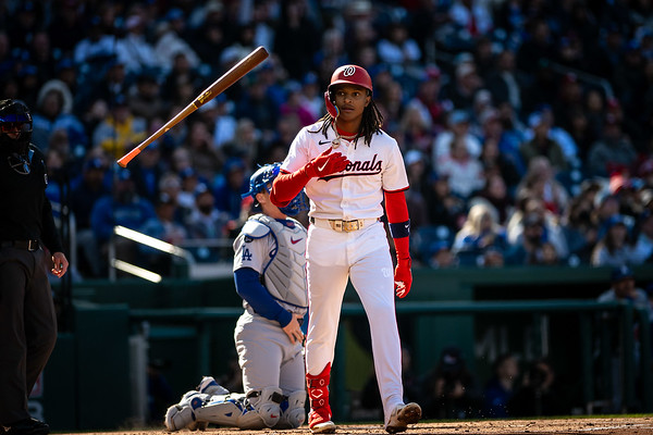 Washington Nationals shortstop C.J. Abrams tosses the bat. Photo: Scott MacConomy