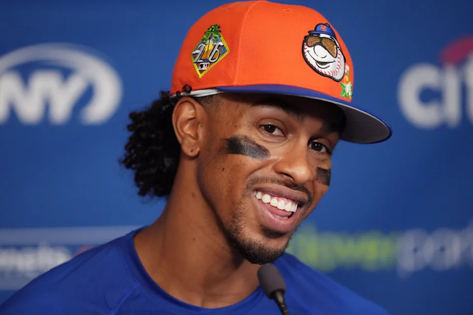 New York Mets shortstop Francisco Lindor (12) addresses the media at Clover Park on his first day back at spring training on March 15, 2026, in Port St. Lucie, Florida.