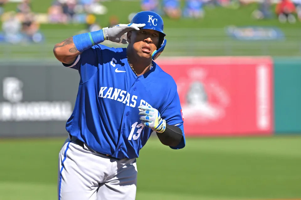Feb 20, 2026; Surprise, Arizona, USA; Kansas City Royals catcher Salvador Perez (13) rounds the bases after a solo home run in the second inning against the Texas Rangers at Surprise Stadium. Mandatory Credit: Jayne Kamin-Oncea-Imagn Images