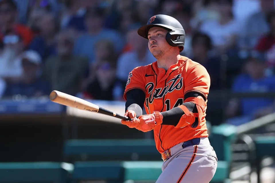 Patrick Bailey of the San Francisco Giants hits a two-run double against the Kansas City Royals during the third inning of the spring training game at Surprise Stadium on March 11, 2026 in Surprise, Arizona. Getty Images