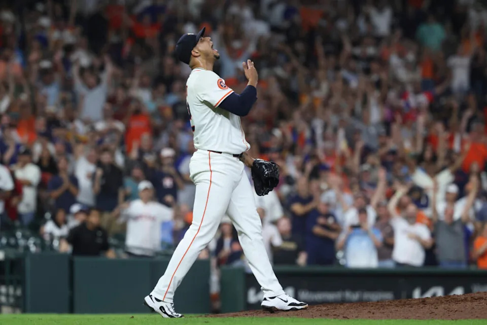 Sep 16, 2025; Houston, Texas, USA; Houston Astros relief pitcher Bryan Abreu (52) reacts after the final out during the ninth inning against the Texas Rangers at Daikin Park. Mandatory Credit: Troy Taormina-Imagn Images