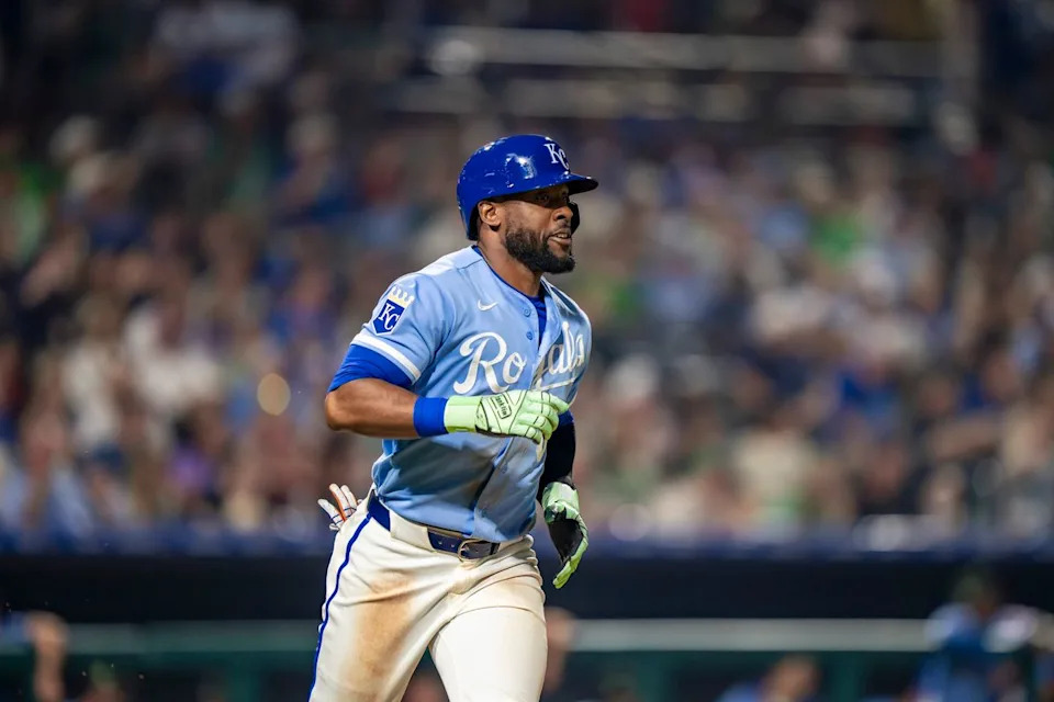 Kansas City Royals outfielder Starling Marte (0) jogging to first after a pop fly out during an MLB spring training baseball game against the Los Angeles Dodgers on March 17th, 2026 in Surprise, AZ.