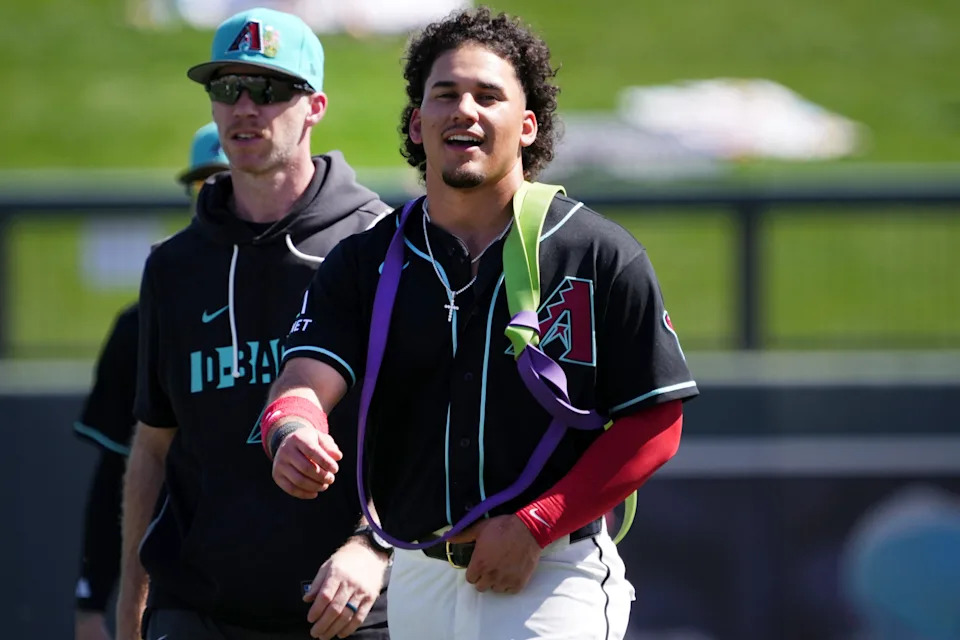Arizona Diamondbacks outfielder Alek Thomas (5) warms up before they play the Cleveland Guardians at Salt River Fields at Salt River Fields in Scottsdale on March 1, 2026.
