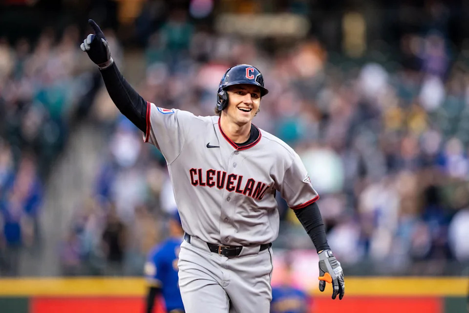 Mar 27, 2026; Seattle, Washington, USA; Cleveland Guardians right fielder Chase DeLauter (24) rounds the bases after hitting a solo home run during the first inning against the Seattle Mariners at T-Mobile Park. Mandatory Credit: Stephen Brashear-Imagn Images