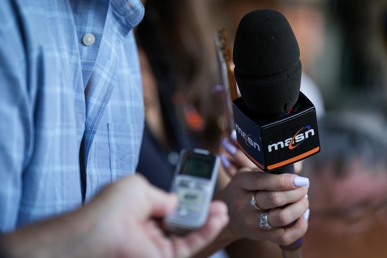 Baltimore Orioles General Manager Mike Elias takes a question from a MASN reporter while he meets with media before a game against the Toronto Blue Jays at Camden Yards on July 31, 2024.