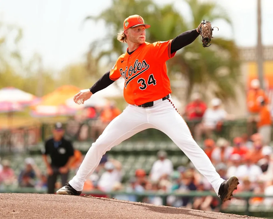 Baltimore Orioles pitcher Shane Baz (34) throws a pitch against the Houston Astros on March 4, 2026, at Ed Smith Stadium at Sarasota, Florida. Icon Sportswire via Getty Images