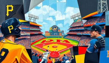 A cubist, geometric painting depicting a baseball game with overlapping planes of color representing the players and action on the field.