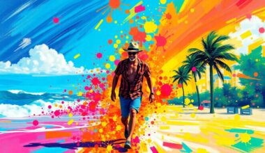 An abstract expressionist painting in vibrant neon colors, with rapid brushstrokes capturing the energy and movement of a person strolling along a beach, the ocean and palm trees dissolving into unrecognizable splatters of color.