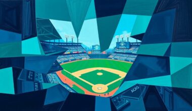 A cubist, geometric painting depicting a Mariners baseball game, with sharp, overlapping planes of navy blue, teal, and emerald green, capturing the dynamic energy and excitement of the team