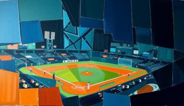 A cubist-style painting featuring sharp, overlapping geometric shapes in navy blue, forest green, and burnt orange, conceptually representing the fractured state of the Minnesota Twins franchise and its fanbase.