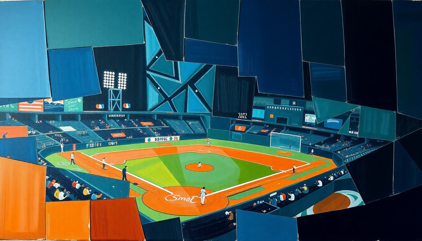 A cubist-style painting featuring sharp, overlapping geometric shapes in navy blue, forest green, and burnt orange, conceptually representing the fractured state of the Minnesota Twins franchise and its fanbase.
