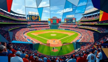 A fragmented, geometric painting in the style of Pablo Picasso, depicting a baseball game at Progressive Field in Cleveland broken down into sharp, overlapping planes of color representing the energy and action of the sport.